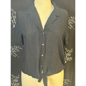 Candies Womens XL Black Clip Dot Short Sleeve Tie Front Button Down Blouse Top